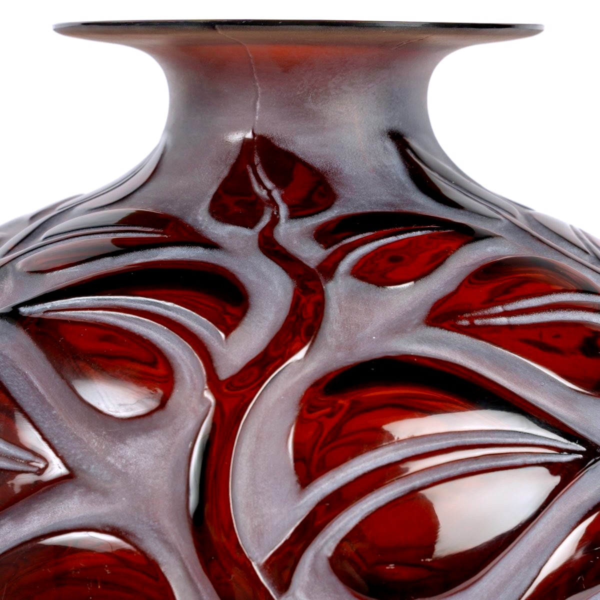 1926 René Lalique - Vase Sophora Verre Rouge Ambré Patiné Blanc-photo-4