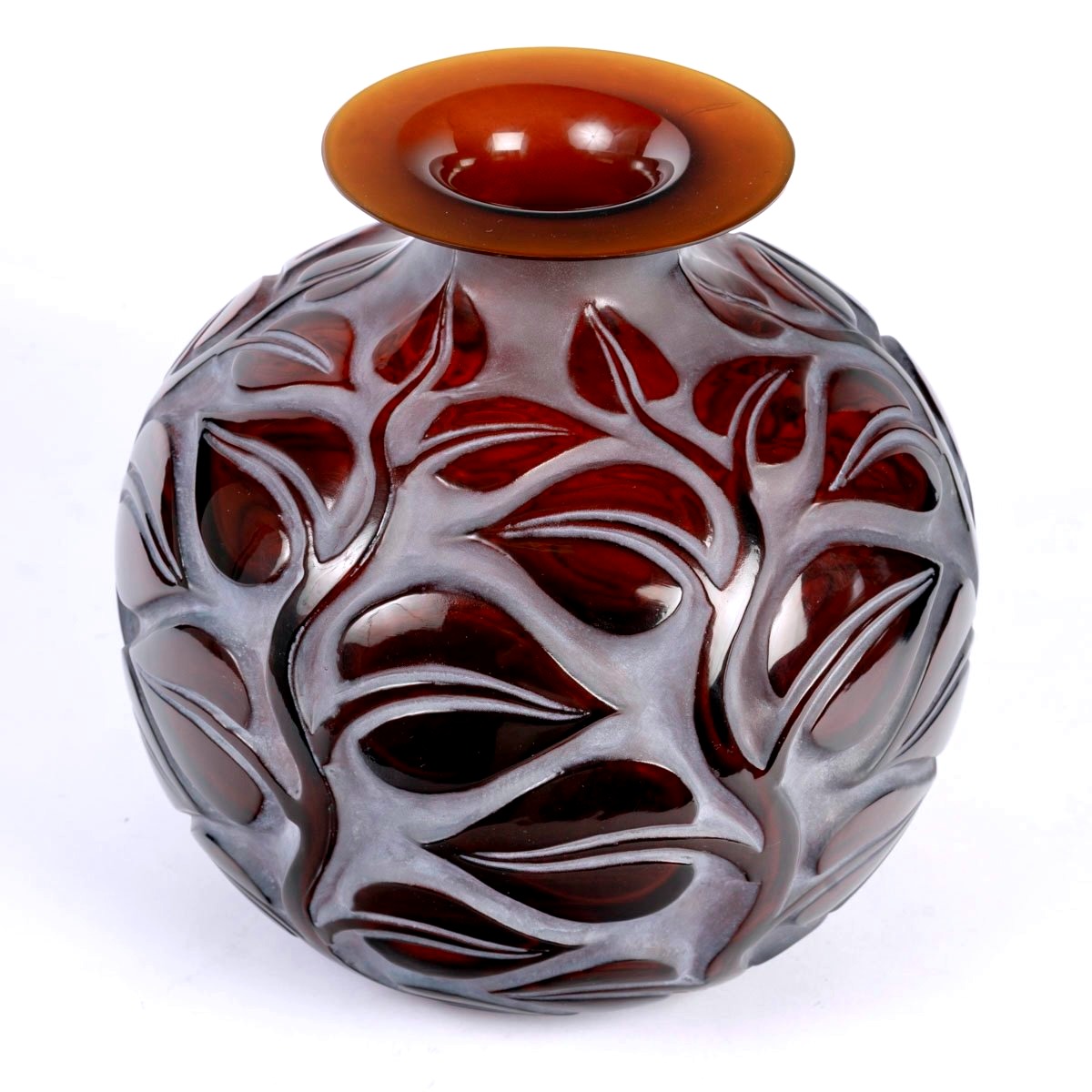 1926 René Lalique - Vase Sophora Verre Rouge Ambré Patiné Blanc-photo-2