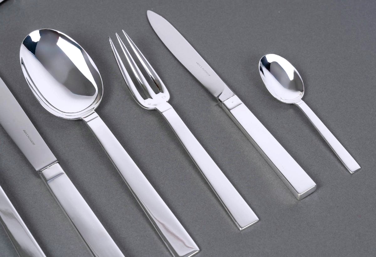 Puiforcat - Art Deco Cutlery Flatware Set Antibes Sterling Silver - 49 Pieces-photo-4