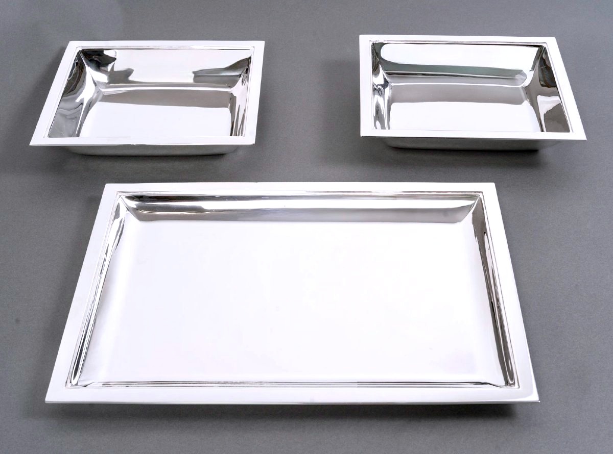 Jean E. Puiforcat - Art Deco 3 Plates Serving Pieces Solid Silver Serving-photo-2