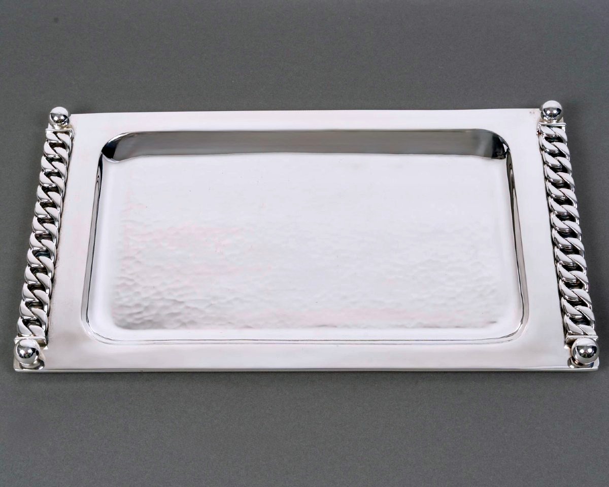 Jean Desprès - Tray Hammered Silver-plated Metal -photo-2