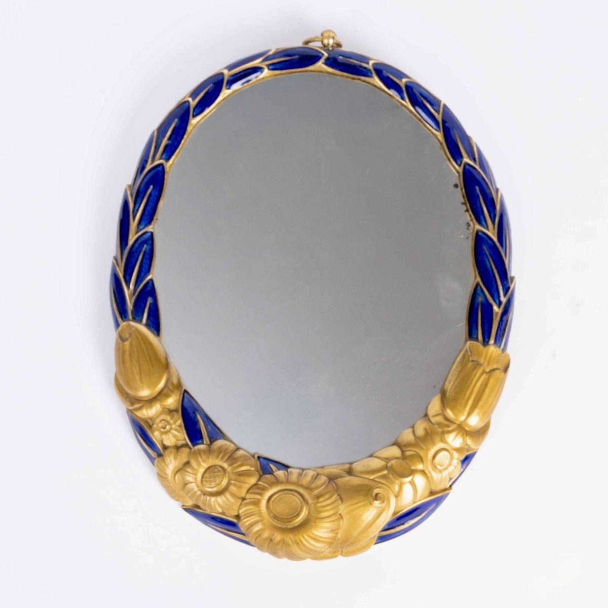 1925 Sue et Mare - Miroir Ovale Art Déco Bronze Doré et Email Bleu