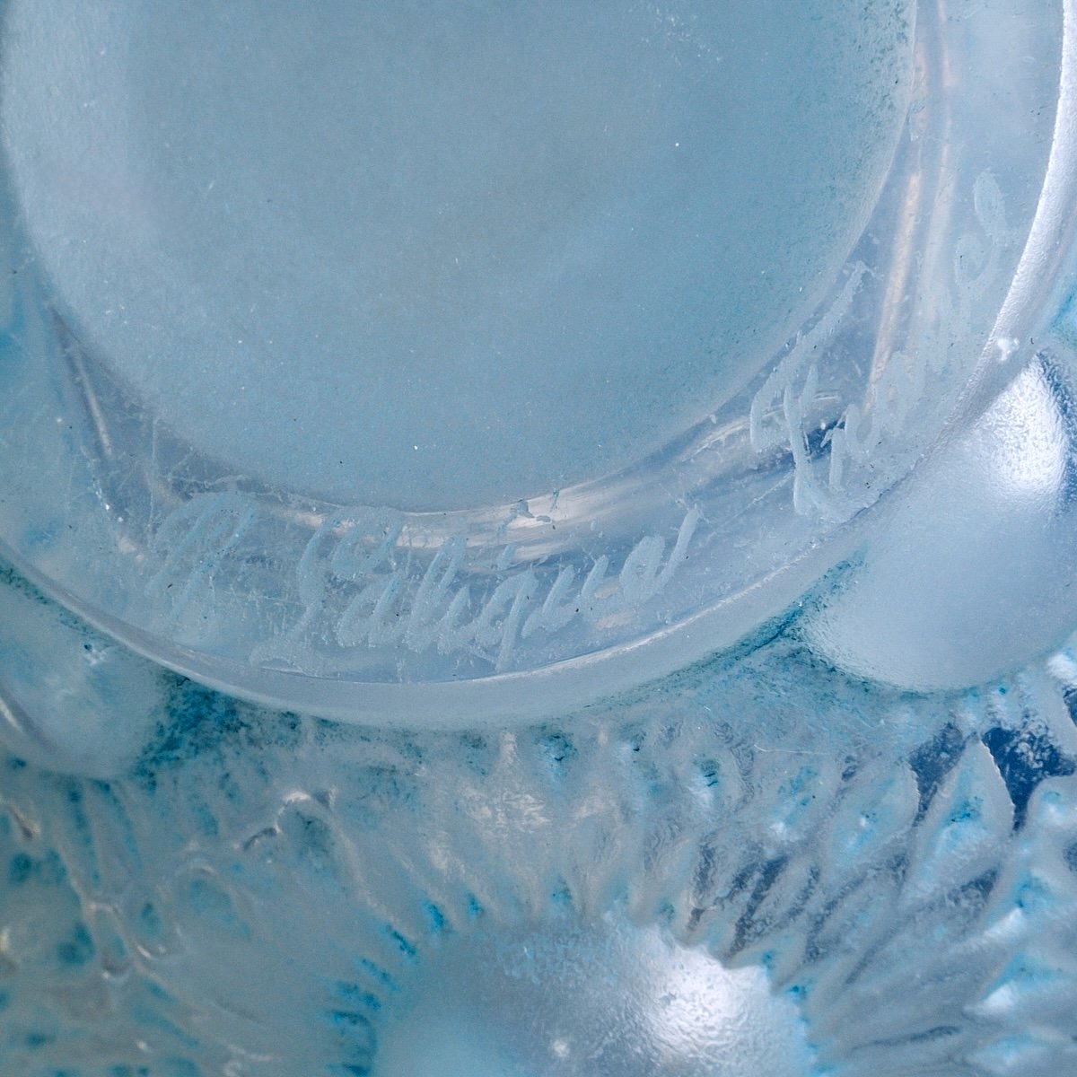 1927 René Lalique - Vase Tournesols Verre Opalescent Patiné Bleu -photo-1