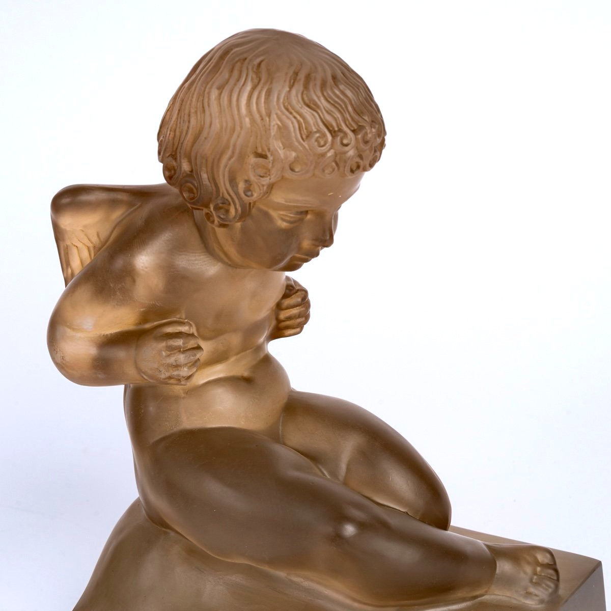 1929 René Lalique - Paire de Serre Livres Amour Verre Blanc Patiné Sépia-photo-3