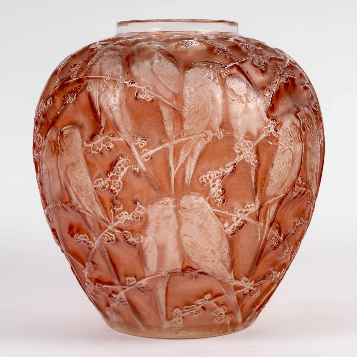 1919 René Lalique - Vase Perruches Parrots Glass With Coral Pink Patina-photo-2