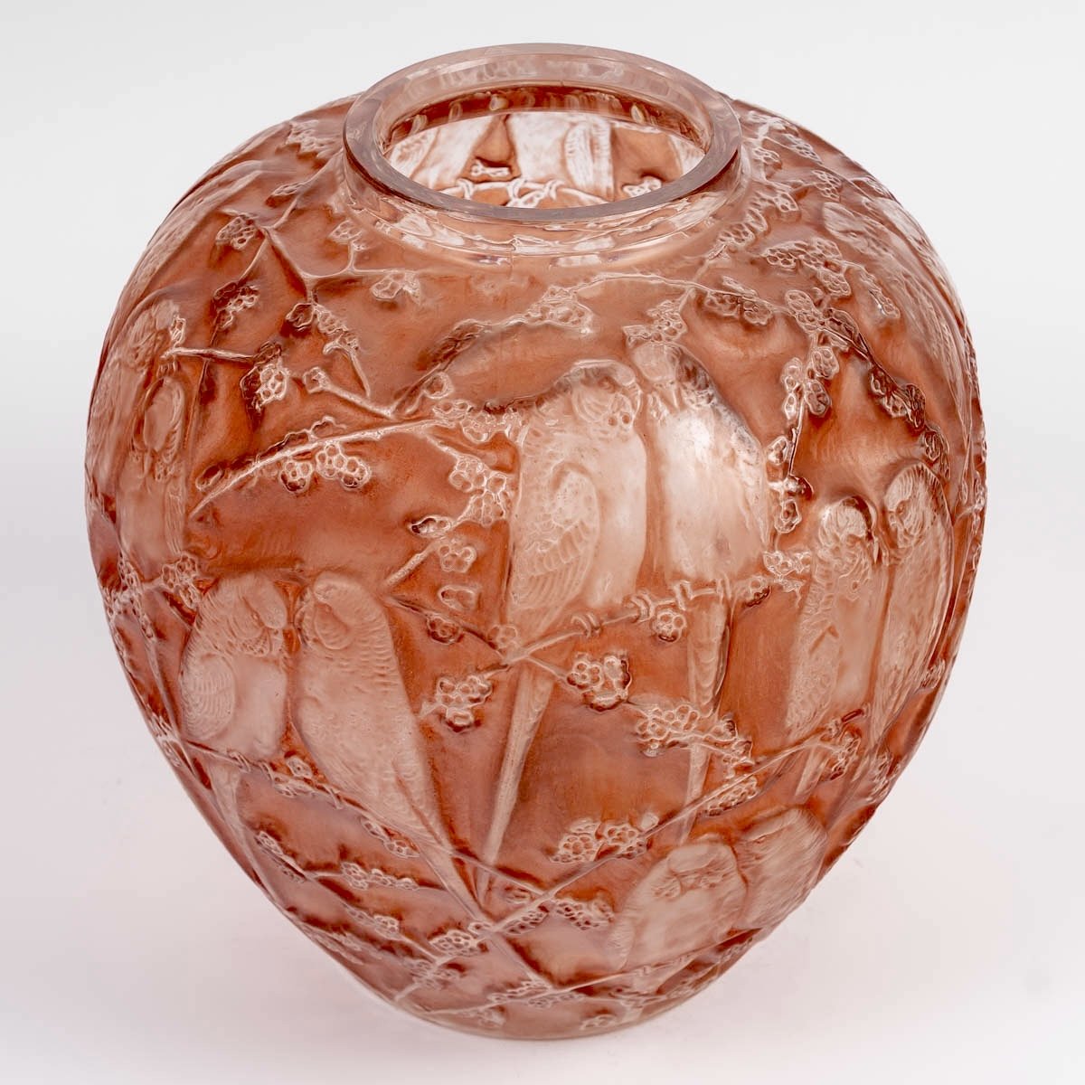 1919 René Lalique - Vase Perruches Parrots Glass With Coral Pink Patina-photo-3