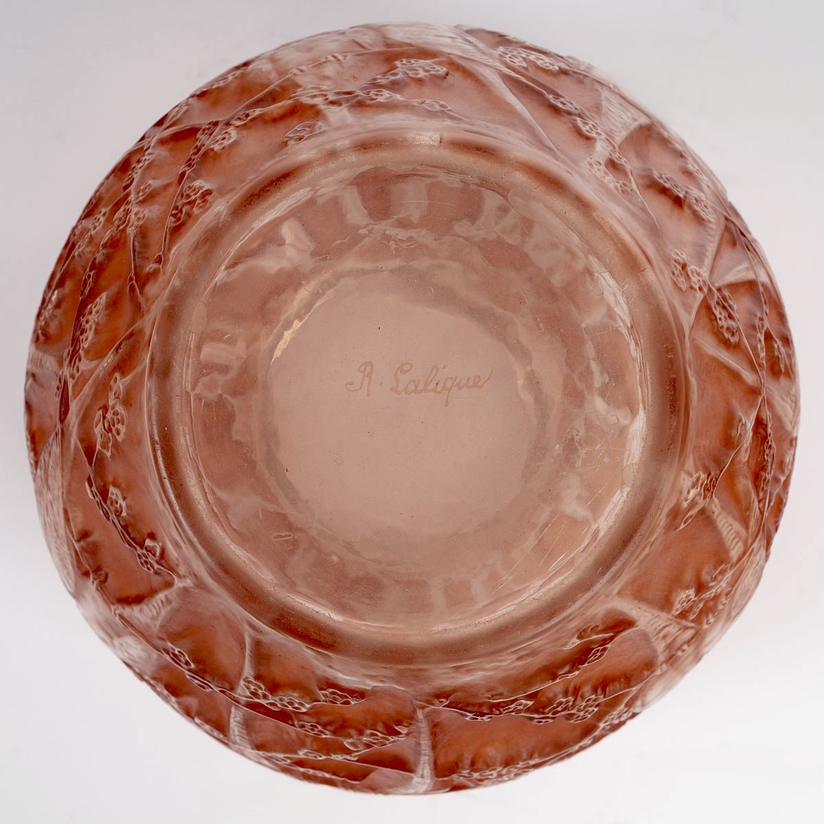 1919 René Lalique - Vase Perruches Parrots Glass With Coral Pink Patina-photo-1