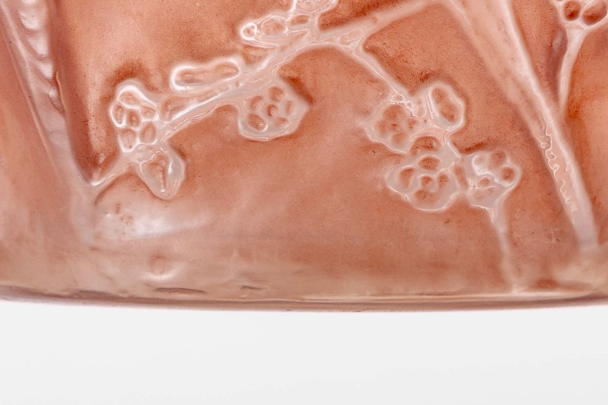 1919 René Lalique - Vase Perruches Parrots Glass With Coral Pink Patina-photo-2