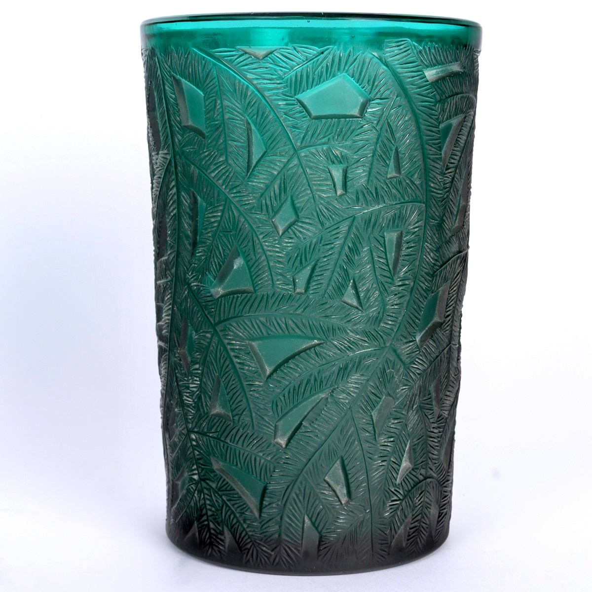 1923 René Lalique - Vase Epicéa Verre Vert Canard Patiné Blanc -photo-2