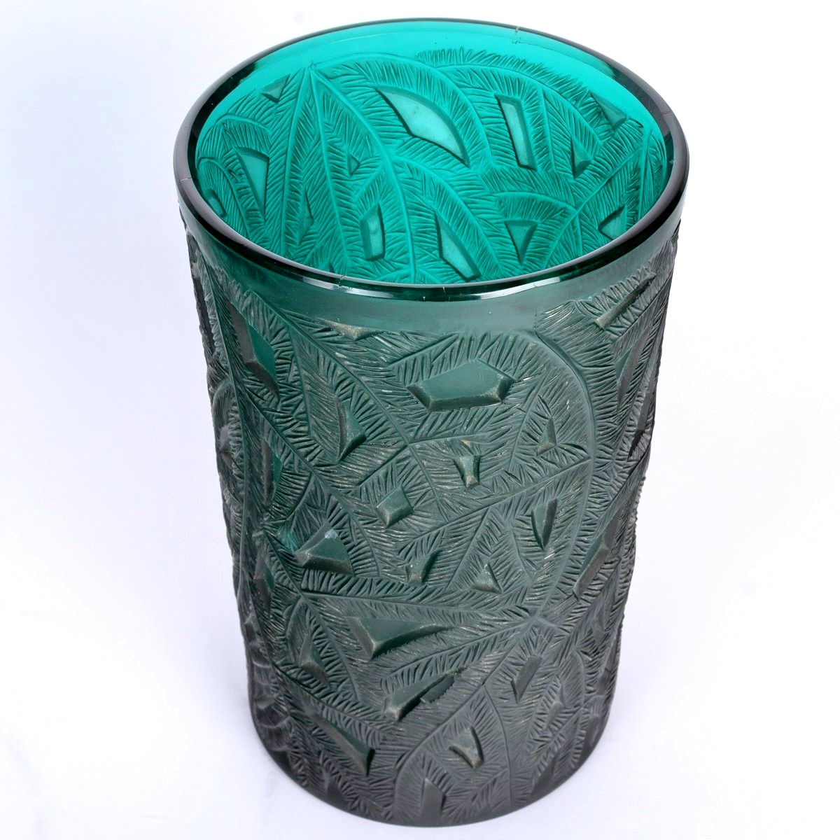1923 René Lalique - Vase Epicéa Verre Vert Canard Patiné Blanc -photo-3