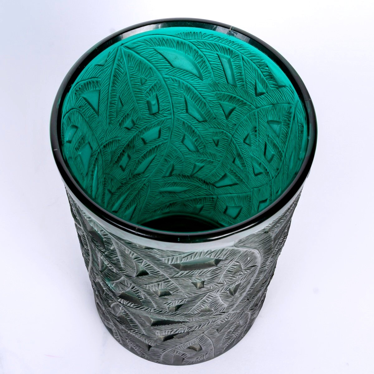 1923 René Lalique - Vase Epicéa Verre Vert Canard Patiné Blanc -photo-4