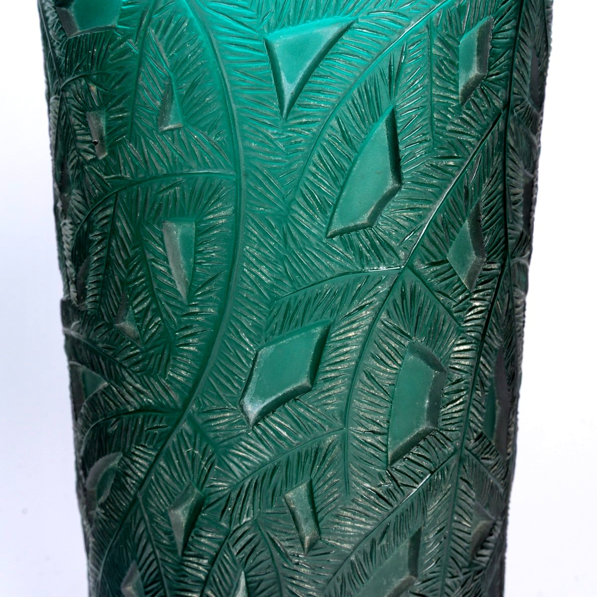 1923 René Lalique - Vase Epicéa Verre Vert Canard Patiné Blanc -photo-1