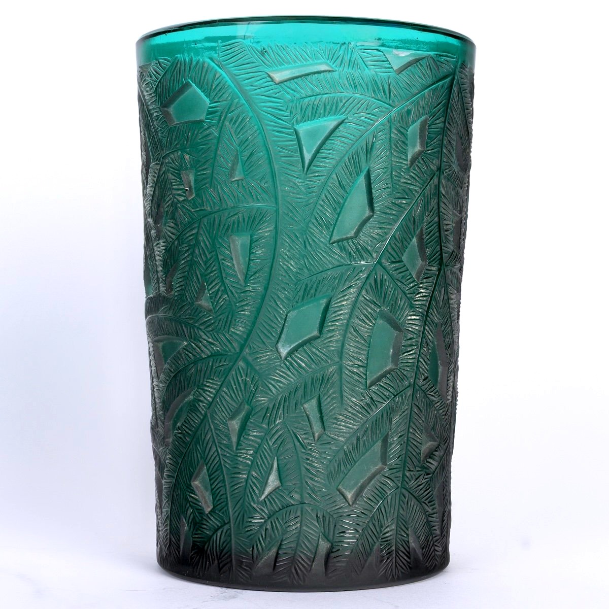 1923 René Lalique - Vase Epicéa Verre Vert Canard Patiné Blanc 
