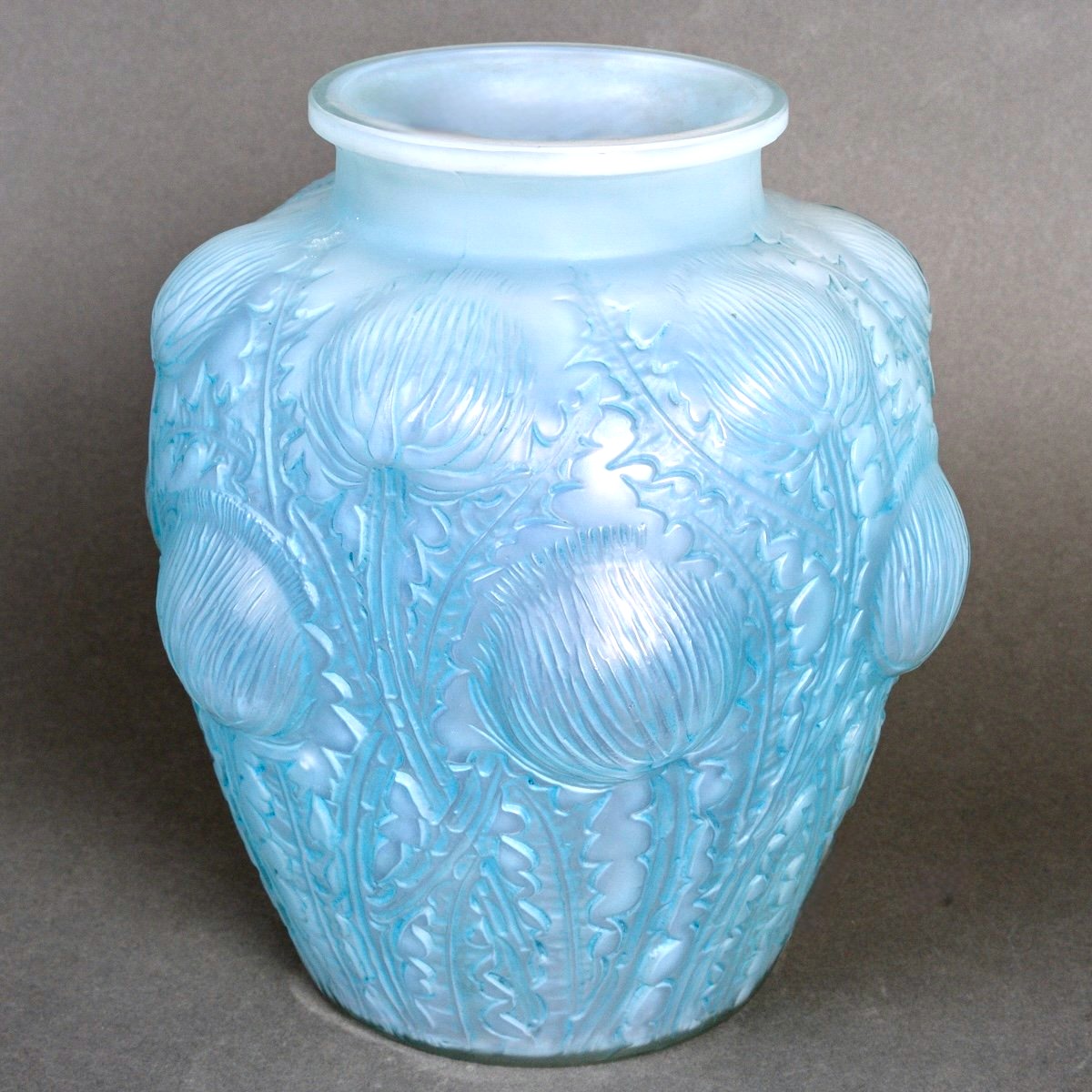 1926 René Lalique - Vase Domremy Opalescent Glass With Blue Patina-photo-3