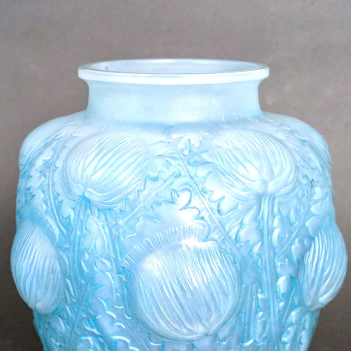 1926 René Lalique - Vase Domremy Opalescent Glass With Blue Patina-photo-1