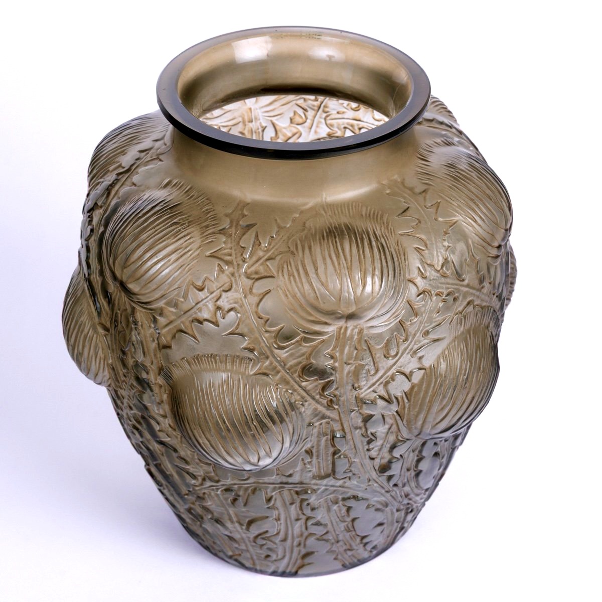 1926 René Lalique - Vase Domrémy Verre Gris Topaze Fumé Patiné Sépia-photo-2