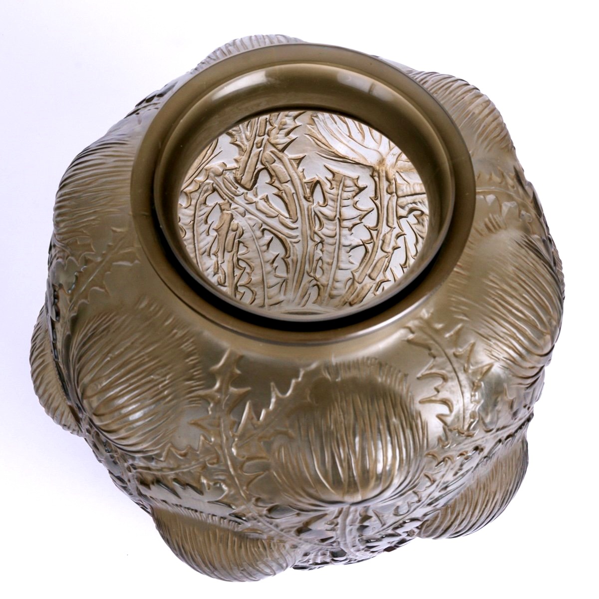 1926 René Lalique - Vase Domrémy Verre Gris Topaze Fumé Patiné Sépia-photo-3