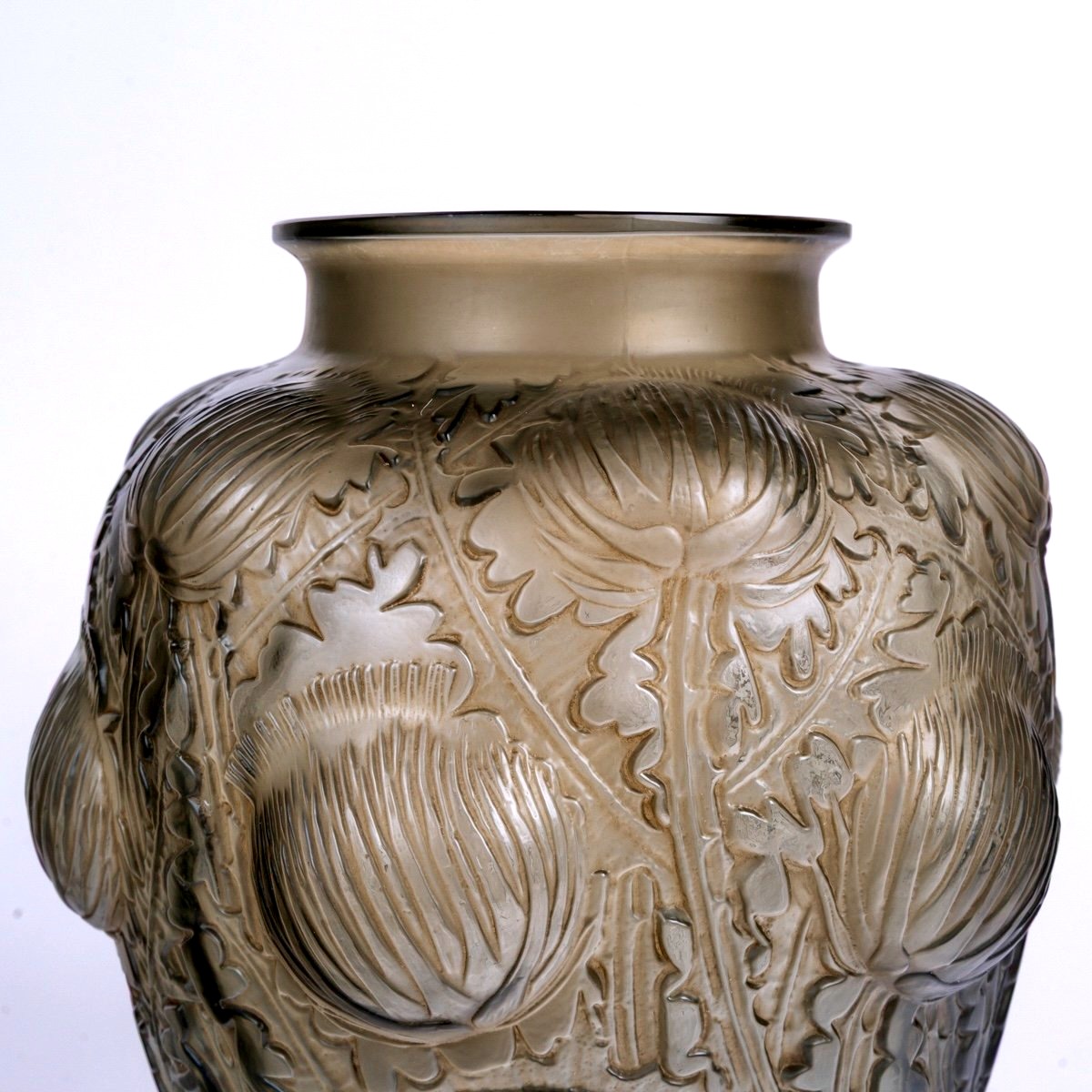 1926 René Lalique - Vase Domrémy Verre Gris Topaze Fumé Patiné Sépia-photo-4
