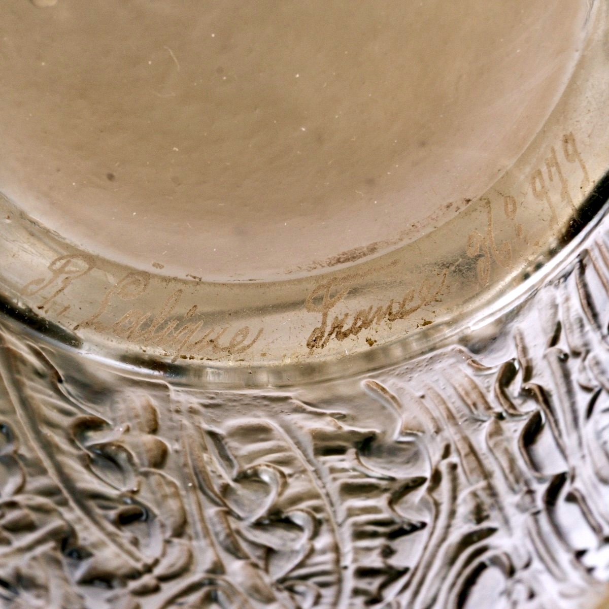 1926 René Lalique - Vase Domrémy Verre Gris Topaze Fumé Patiné Sépia-photo-1