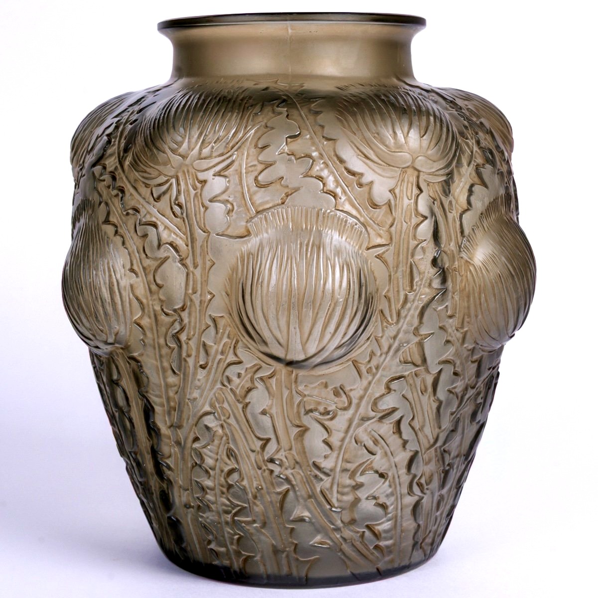 1926 René Lalique - Vase Domrémy Verre Gris Topaze Fumé Patiné Sépia
