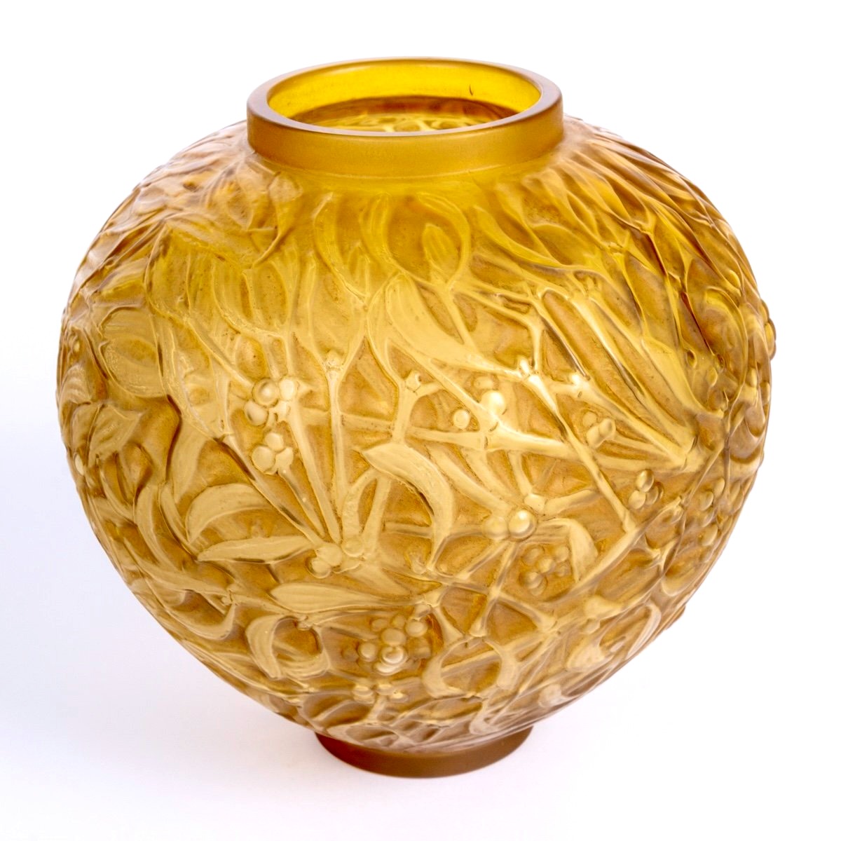 1920 René Lalique - Vase Gui Verre Butterscotch Patiné Sépia-photo-2