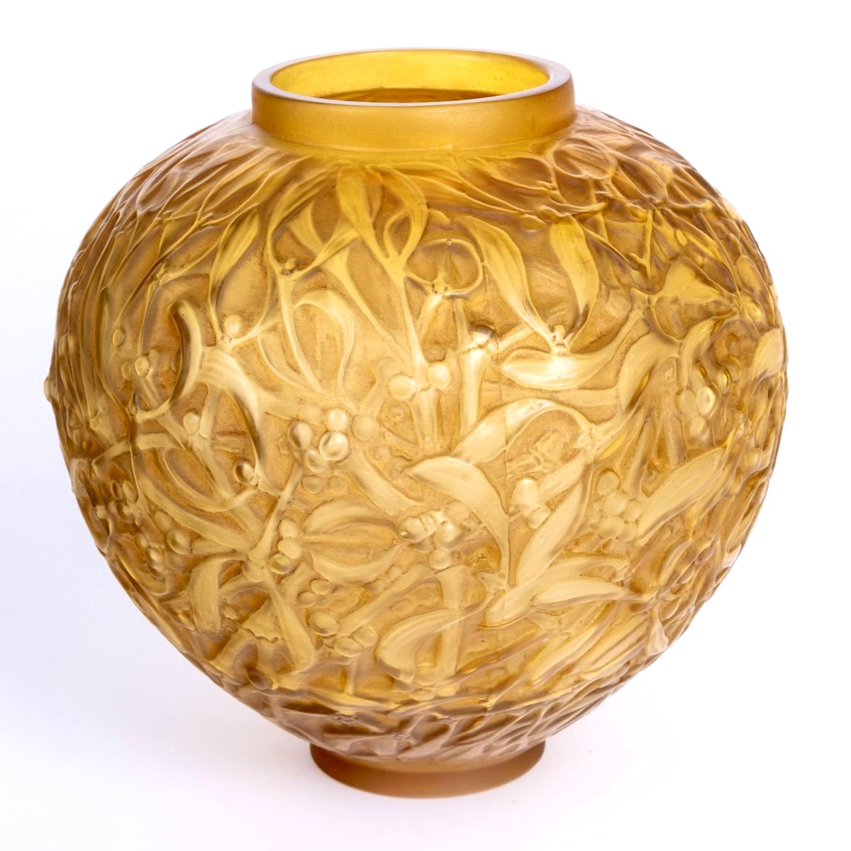 1920 René Lalique - Vase Gui Verre Butterscotch Patiné Sépia-photo-3