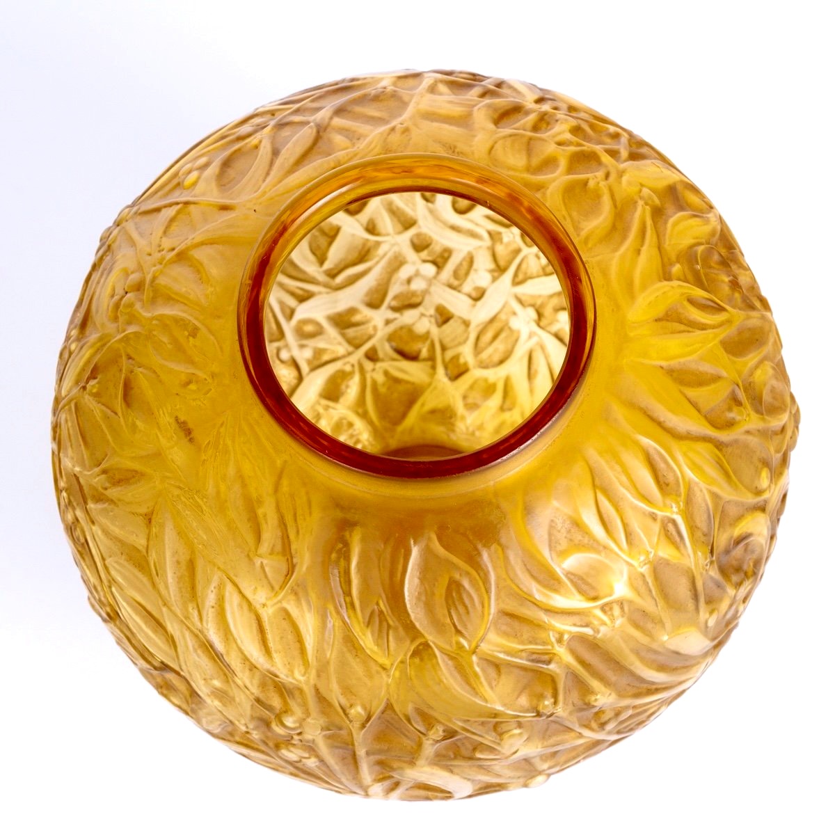 1920 René Lalique - Vase Gui Verre Butterscotch Patiné Sépia-photo-4