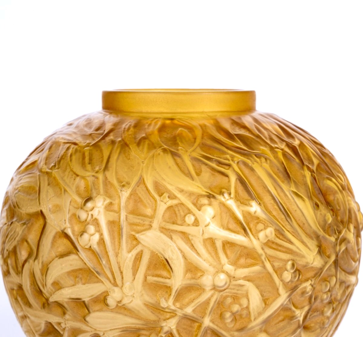 1920 René Lalique - Vase Gui Verre Butterscotch Patiné Sépia-photo-1