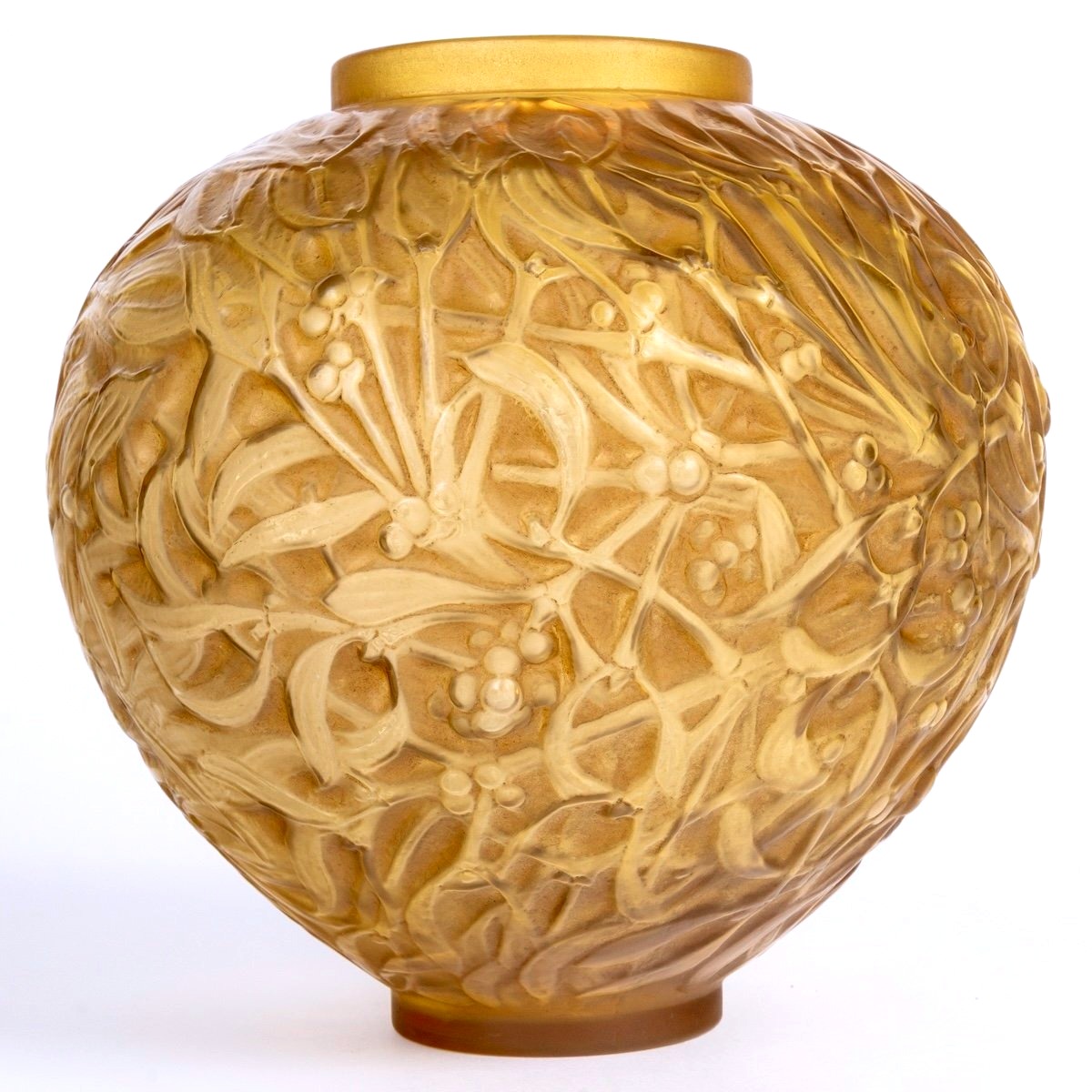 1920 René Lalique - Vase Gui Verre Butterscotch Patiné Sépia