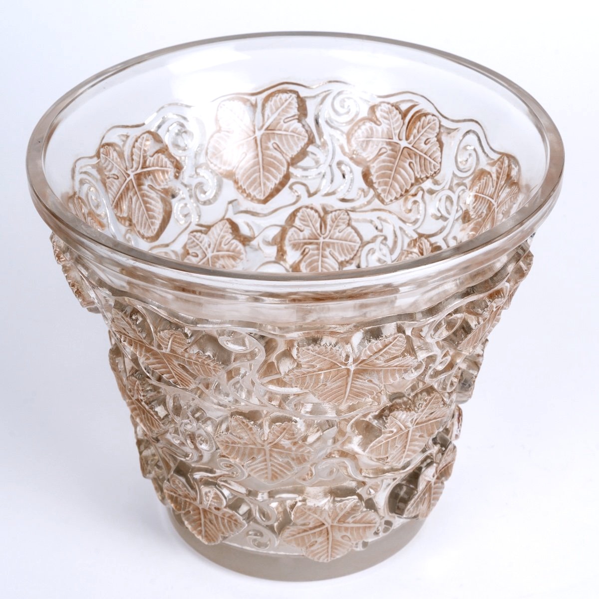 1938 René Lalique - Vase Seau à Champagne Reims Verre Blanc Patiné Sépia-photo-2