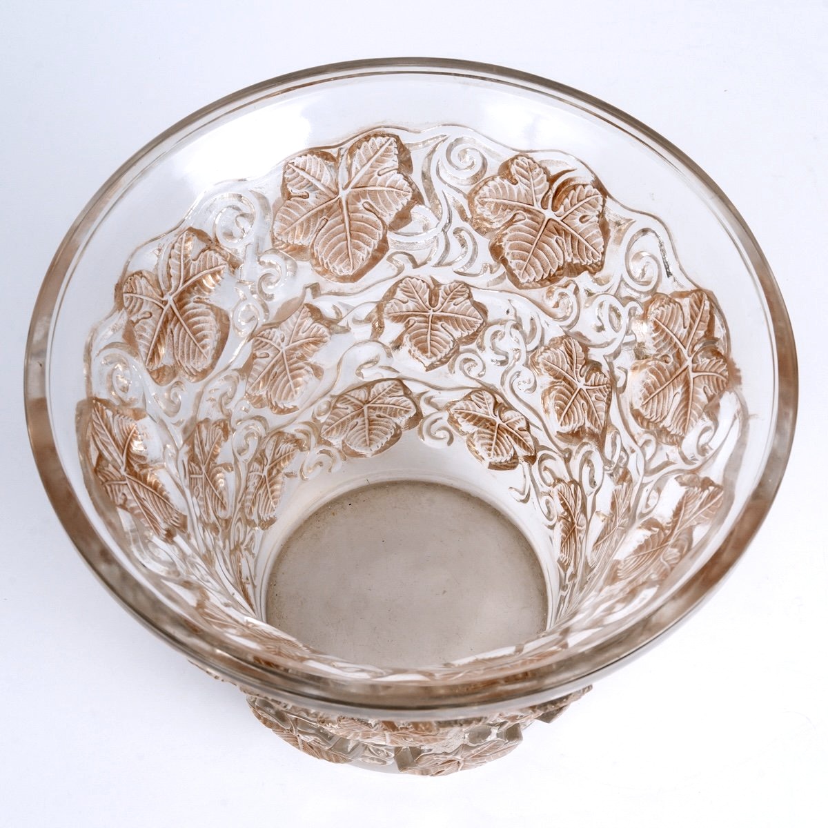 1938 René Lalique - Vase Seau à Champagne Reims Verre Blanc Patiné Sépia-photo-3