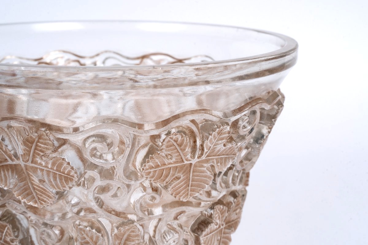 1938 René Lalique - Vase Seau à Champagne Reims Verre Blanc Patiné Sépia-photo-1