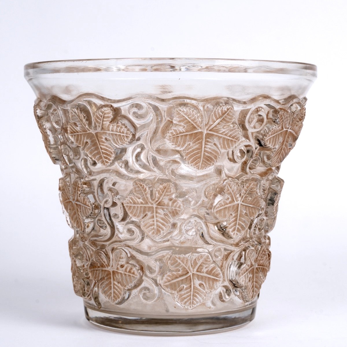 1938 René Lalique - Vase Seau à Champagne Reims Verre Blanc Patiné Sépia