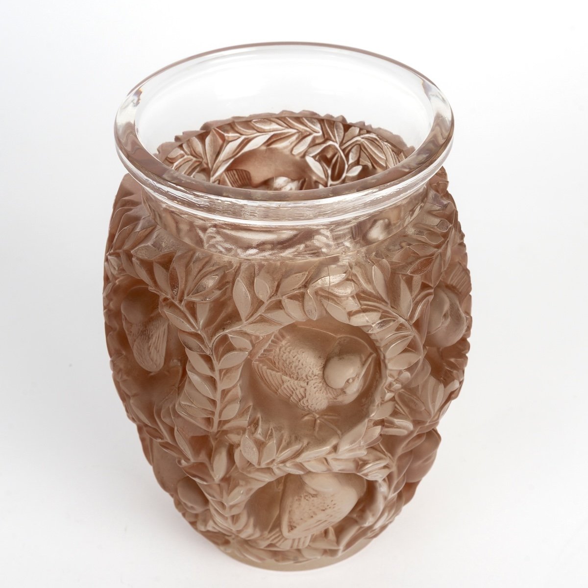 1939 René Lalique - Vase Bagatelle Verre Blanc Patiné Sépia-photo-3