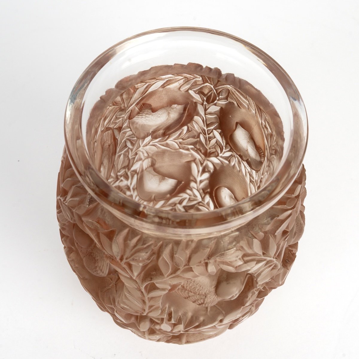 1939 René Lalique - Vase Bagatelle Verre Blanc Patiné Sépia-photo-4
