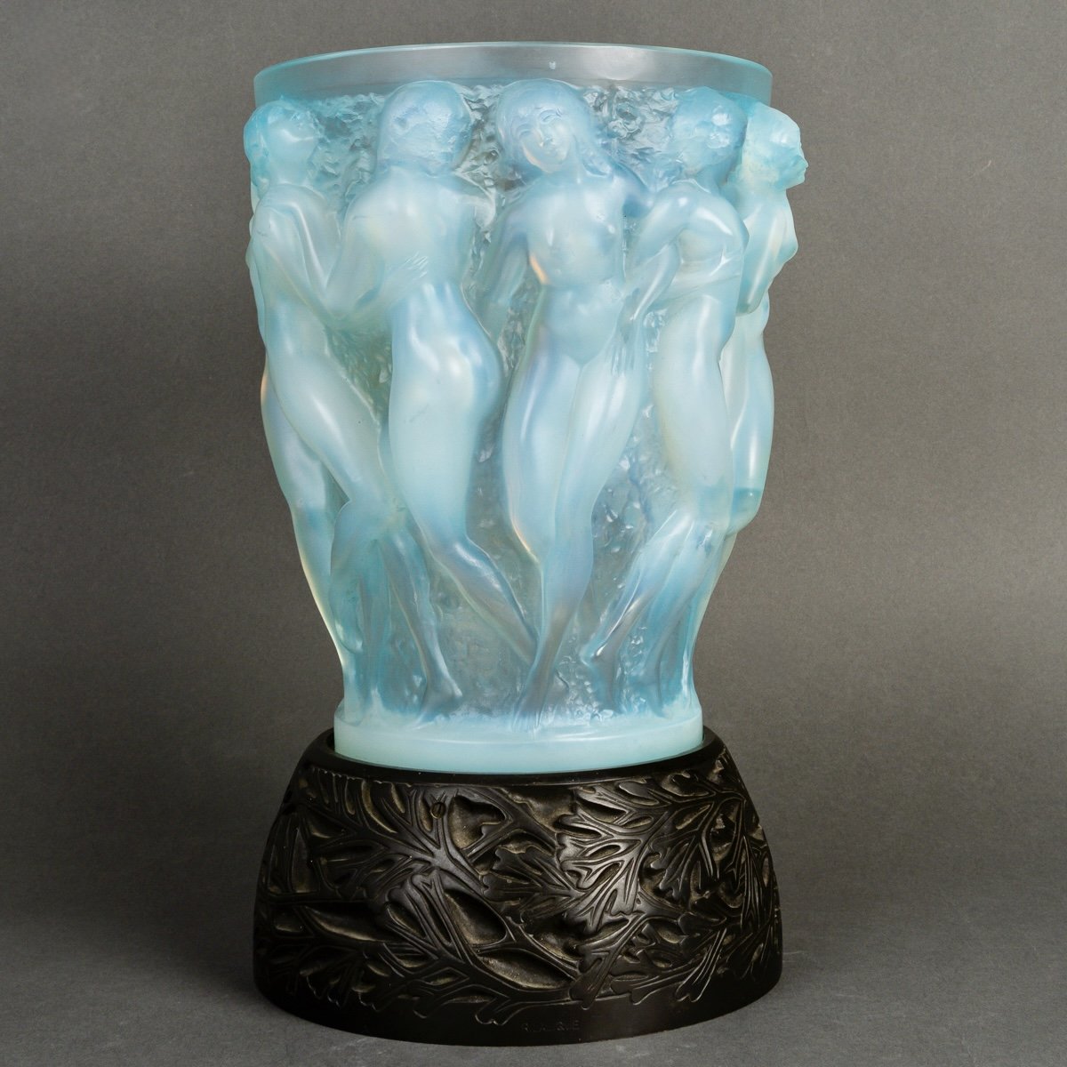 1927 René Lalique - Vase Bacchantes Verre Opalescent Patiné Bleu - Base d'Origine en bronze-photo-2