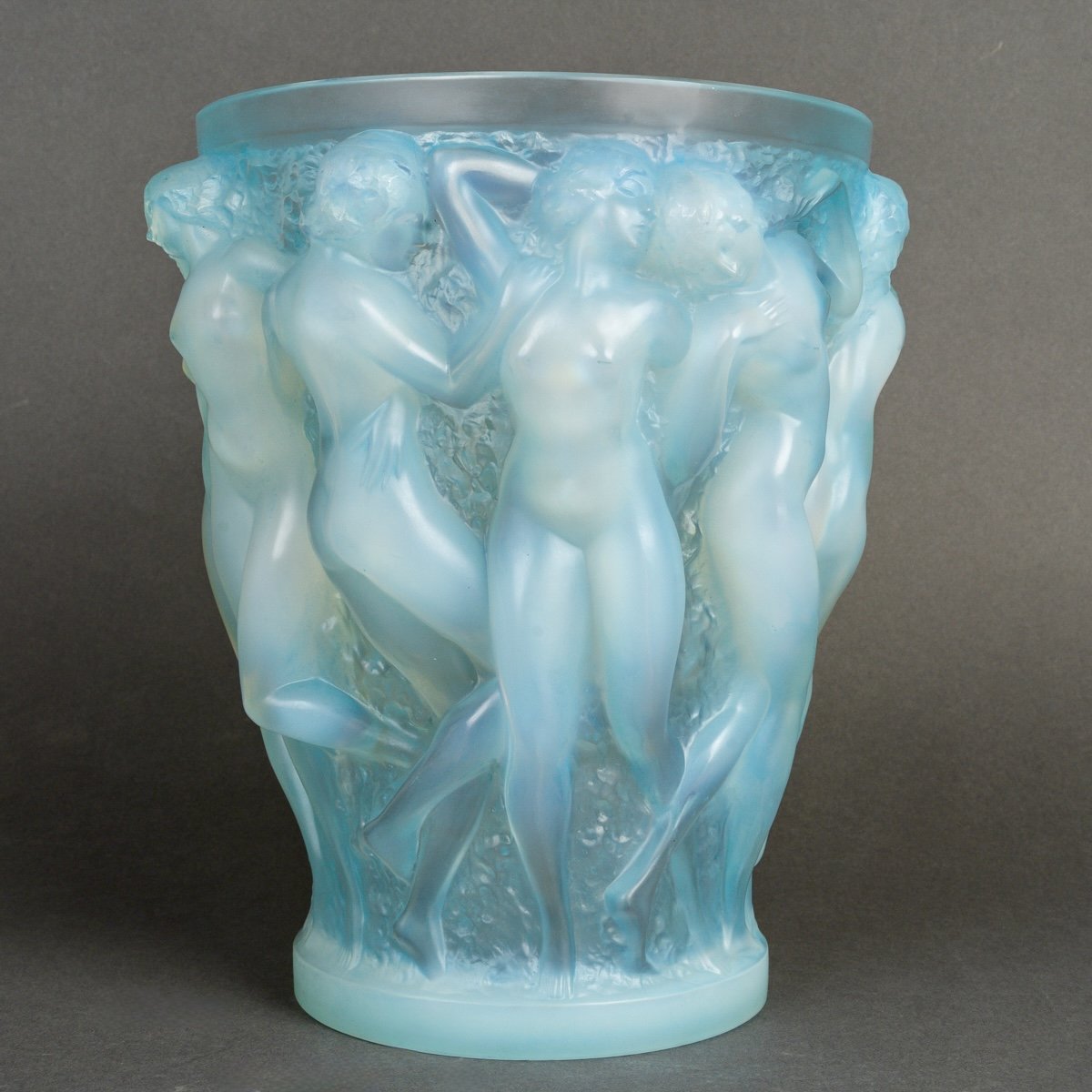 1927 René Lalique - Vase Bacchantes Verre Opalescent Patiné Bleu - Base d'Origine en bronze-photo-1
