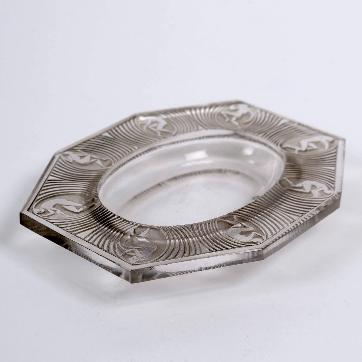 1924 René Lalique - Cendrier Baguier Alice Verre Blanc Patiné Gris