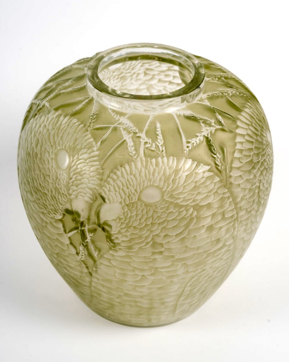 1927 René Lalique - Vase Alicante Glass With Green Patina-photo-3
