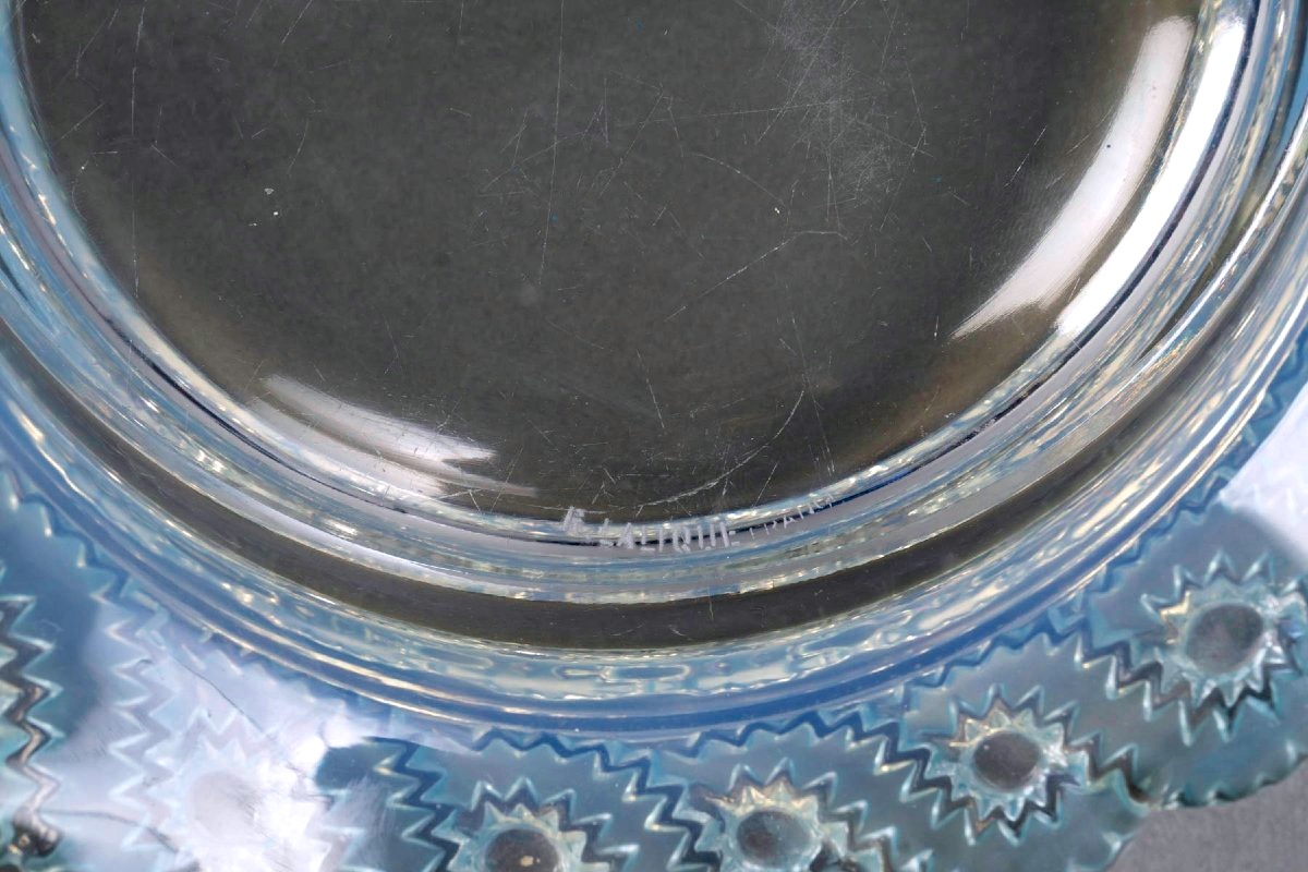 1944 René Lalique - Coupe Jardinière Auriac Verre Opalescent Patiné Bleu-photo-1
