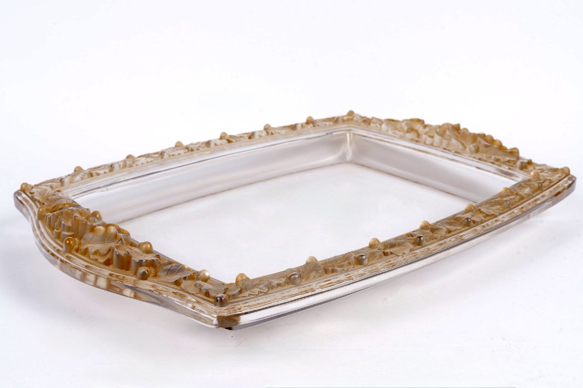 1943 René Lalique - Centre de Table Jardiniere Chêne Verre Blanc Patiné Sépia-photo-2