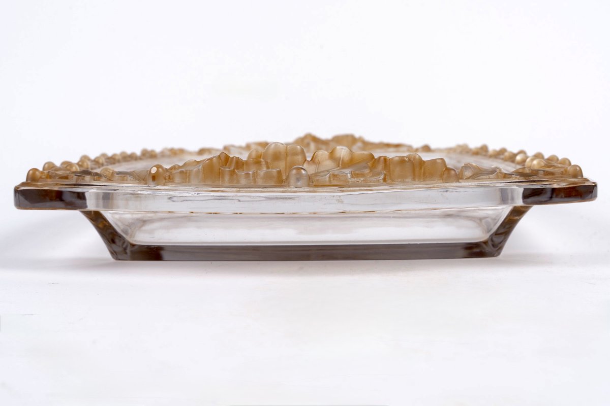 1943 René Lalique - Centre de Table Jardiniere Chêne Verre Blanc Patiné Sépia-photo-1