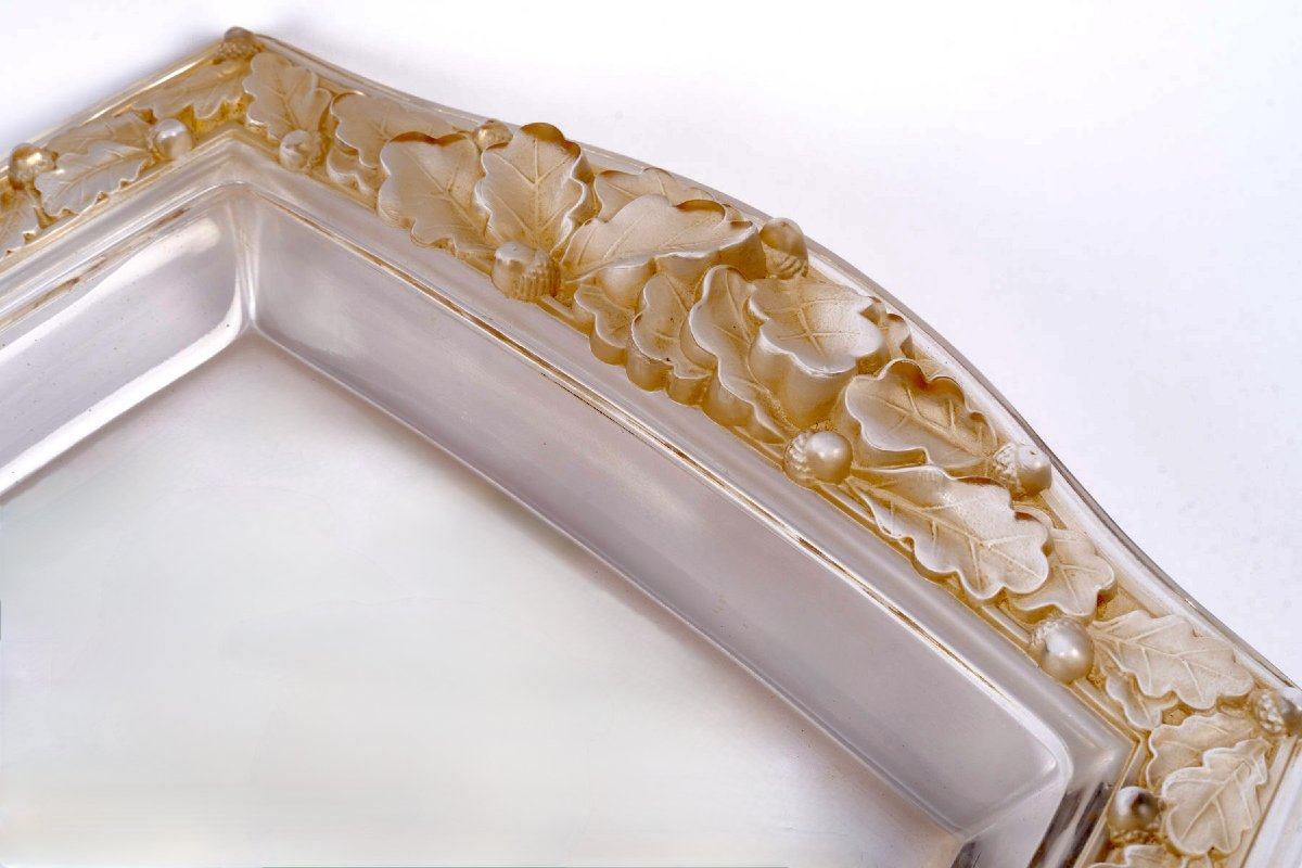 1943 René Lalique - Centre de Table Jardiniere Chêne Verre Blanc Patiné Sépia-photo-3