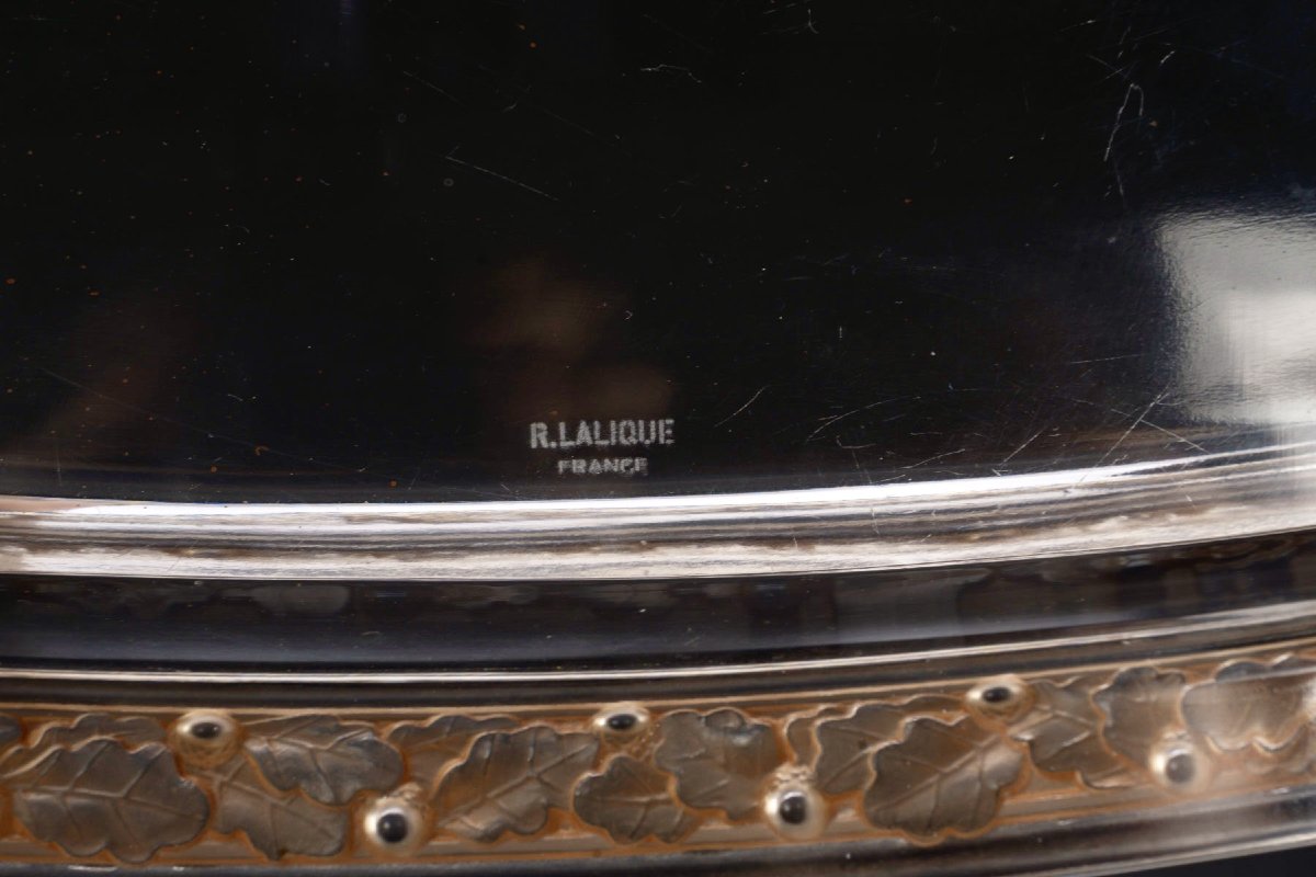 1943 René Lalique - Centre de Table Jardiniere Chêne Verre Blanc Patiné Sépia-photo-4