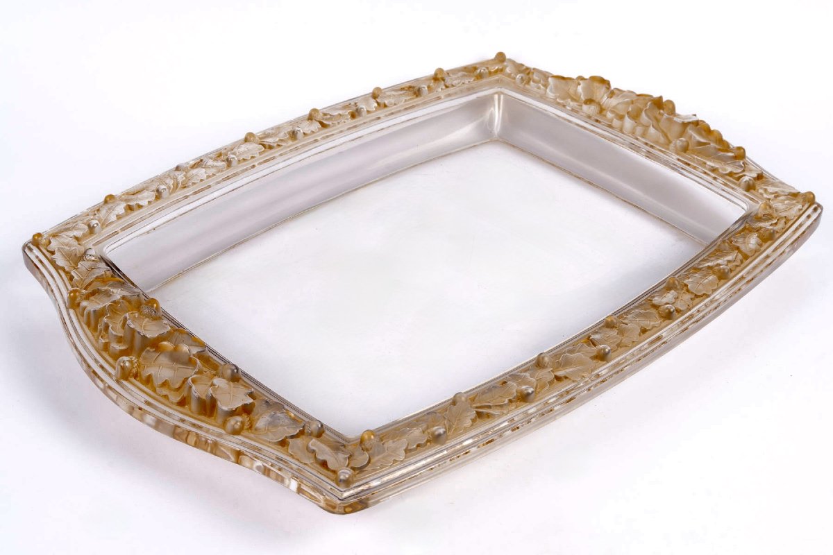 1943 René Lalique - Centre de Table Jardiniere Chêne Verre Blanc Patiné Sépia