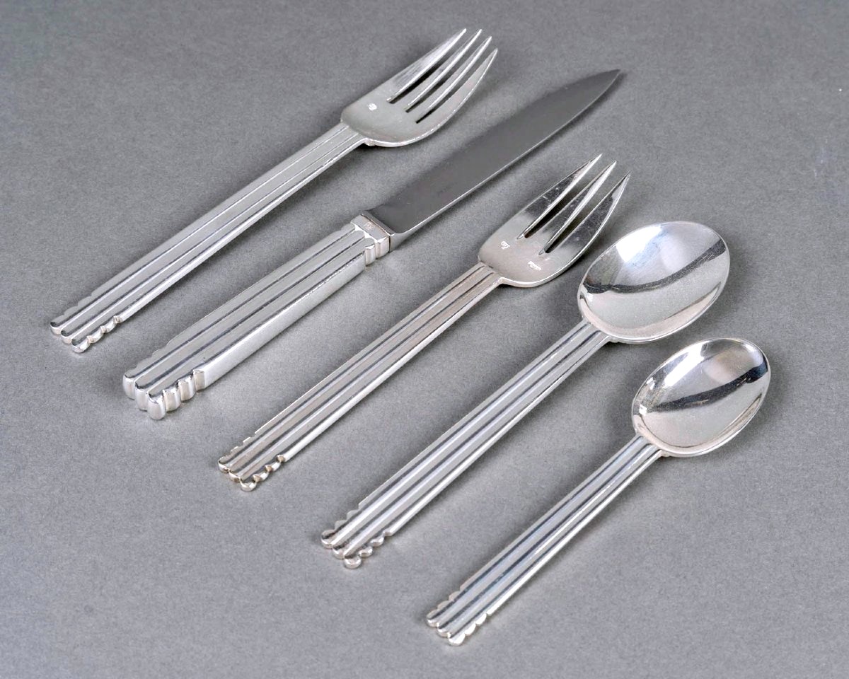 Jean Puiforcat - Art Deco Cutlery Flatware Nantes Plated 12 People 65 Pieces-photo-2