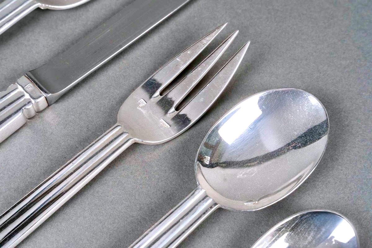 Jean Puiforcat - Art Deco Cutlery Flatware Nantes Plated 12 People 65 Pieces-photo-4
