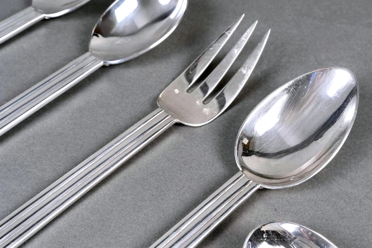 Jean Puiforcat - Art Deco Cutlery Flatware Nantes Plated 12 People 65 Pieces-photo-4