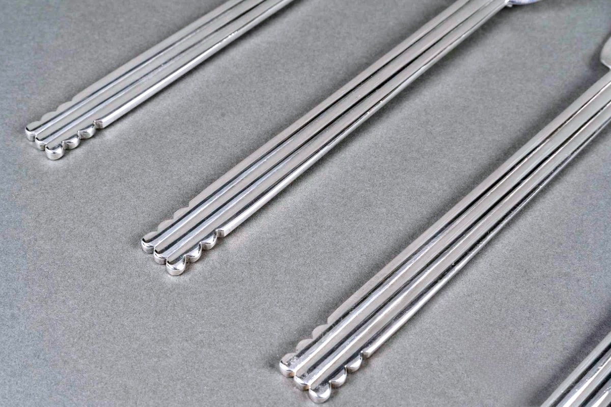 Jean Puiforcat - Art Deco Cutlery Flatware Nantes Plated 12 People 65 Pieces-photo-5