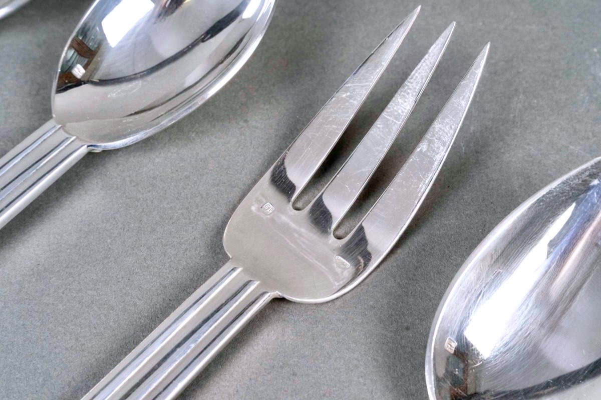 Jean Puiforcat - Art Deco Cutlery Flatware Nantes Plated 12 People 65 Pieces-photo-6